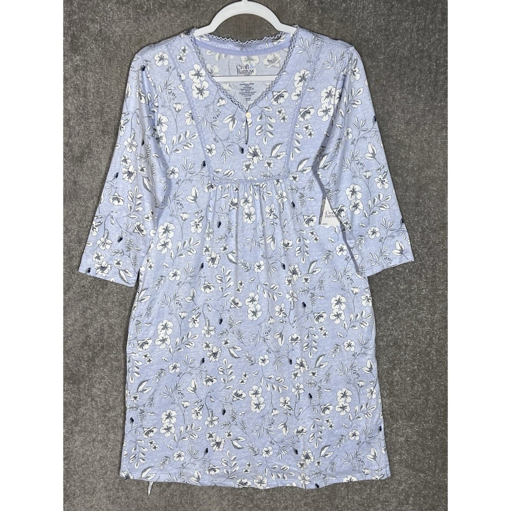 Croft & Barrow Blue Floral Nightgown Womens Size S Lightweight Pockets Stretch